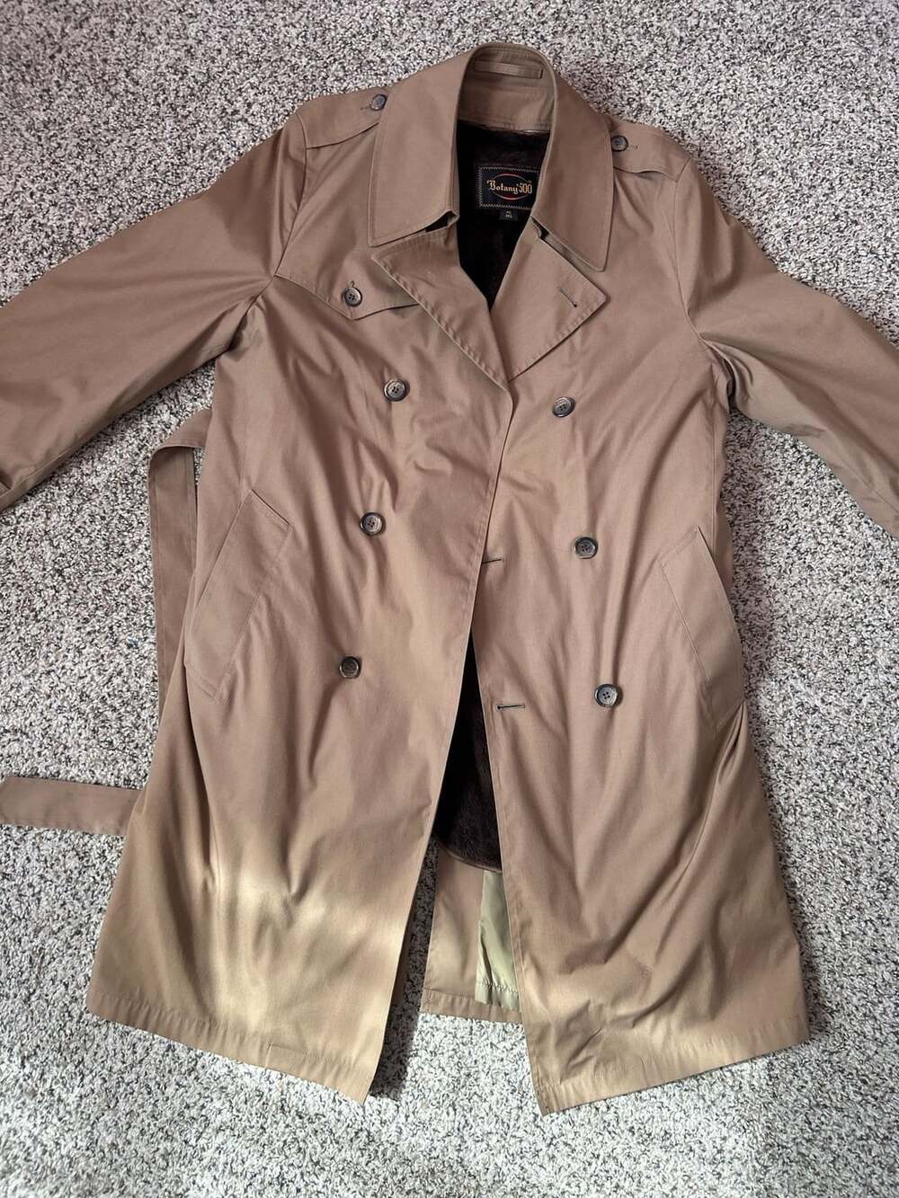 Botany 500 Vintage Brown Trench Coat Faux Fur Lined Men Size 40 REG